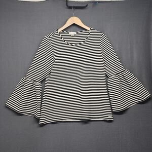 Calvin Klein Top Womens Medium Black White Striped Ruffle Sleeve Office Preppy